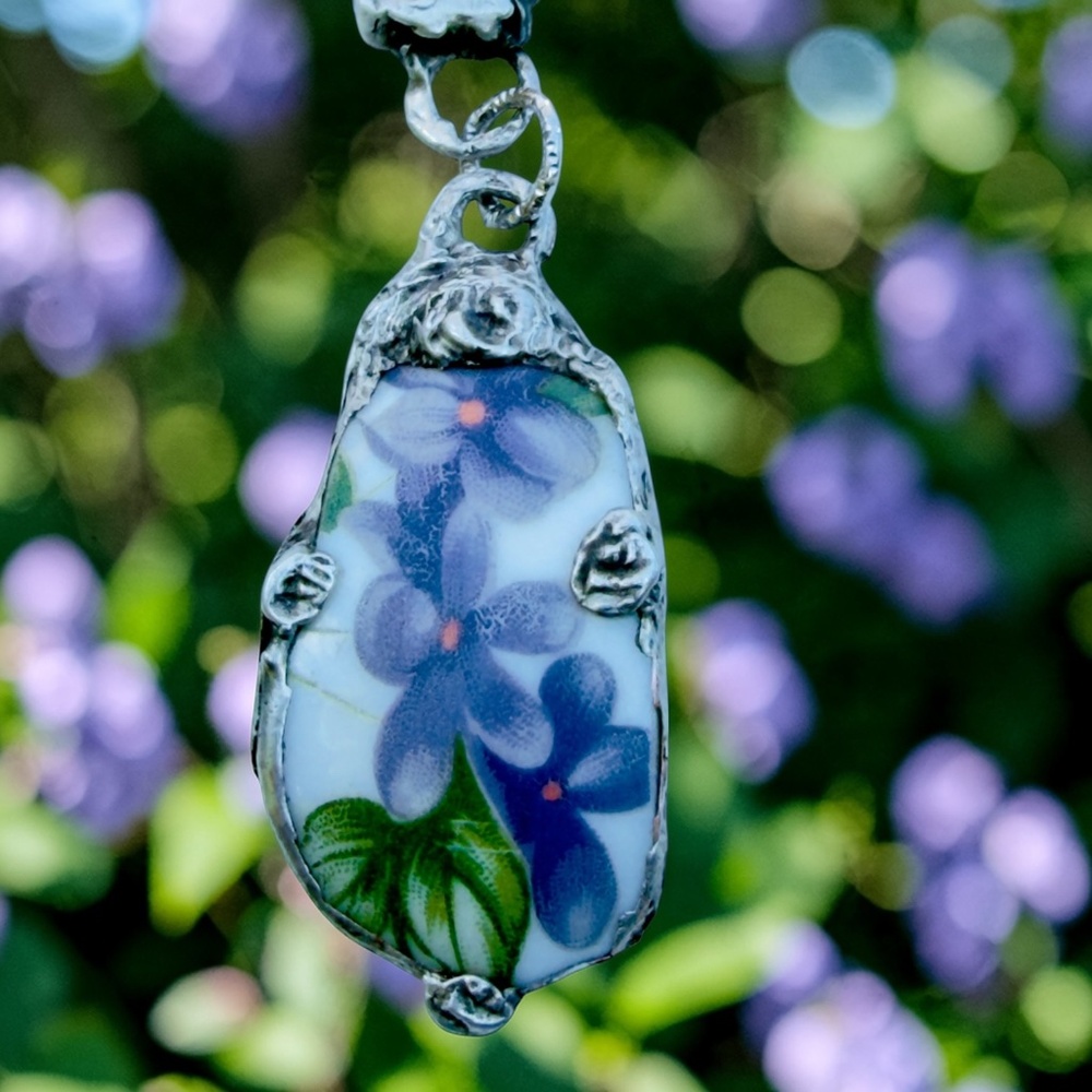 Violets Broken China & Sea Glass Artisan Silver-Blend Metalwork Bezel Pendant - Picture 3 of 16